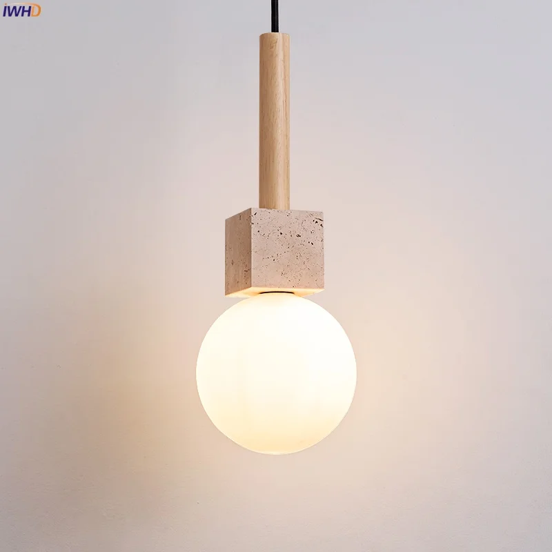 

IWHD White Glass Ball LED Pendant Lights Living Room Decoration Bedroom Yellow Travertine Nordic Modern Hanging Lamp Luminaire