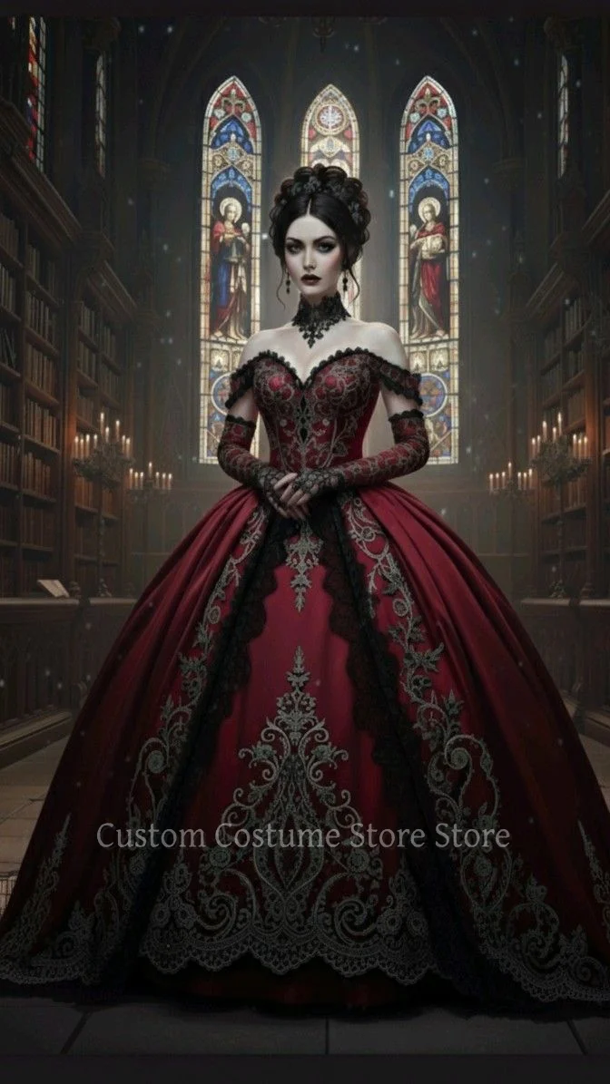 

Элегантное бордовое готическое бальное платье без бретелек в стиле Эдвардиан с золотыми кружевными аппликациями, плиссированное, А-силуэт, в пол, вечернее платье на заказ