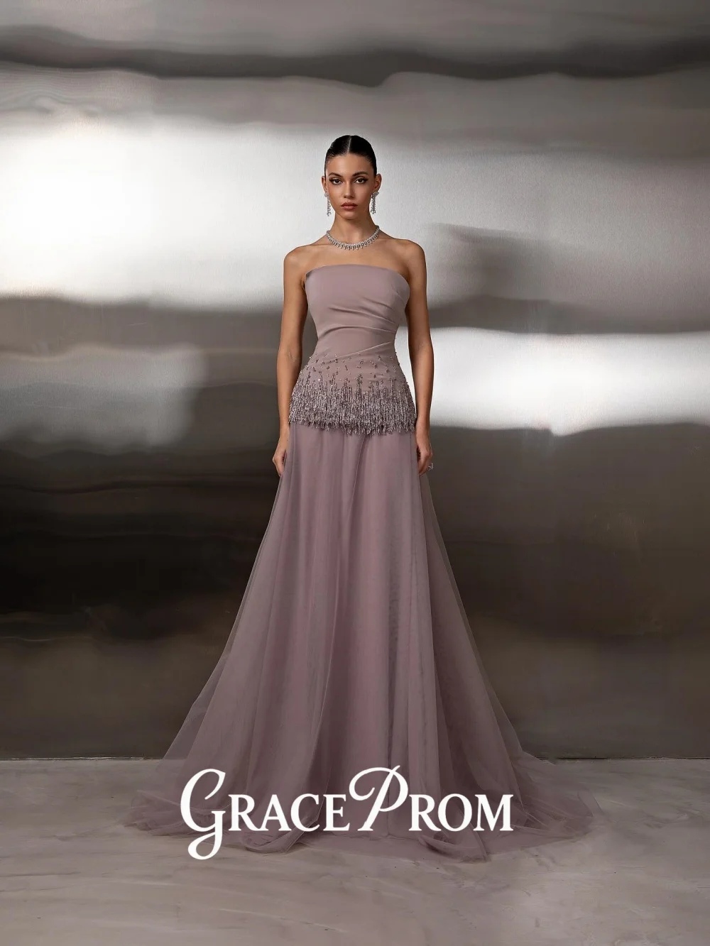 

GraceProm Elegant Blush Pink One-Shoulder Evening Dress Formal Beaded Appliques Chiffon Cape Floor-Length Carpet Gown Opulent
