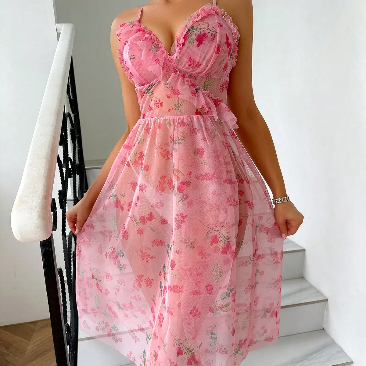 Sexy Pink Flower Print Lace Split Nightdress Summer See-through Breathable Pajama Homewear Deep V Backless Sling Women Underwear