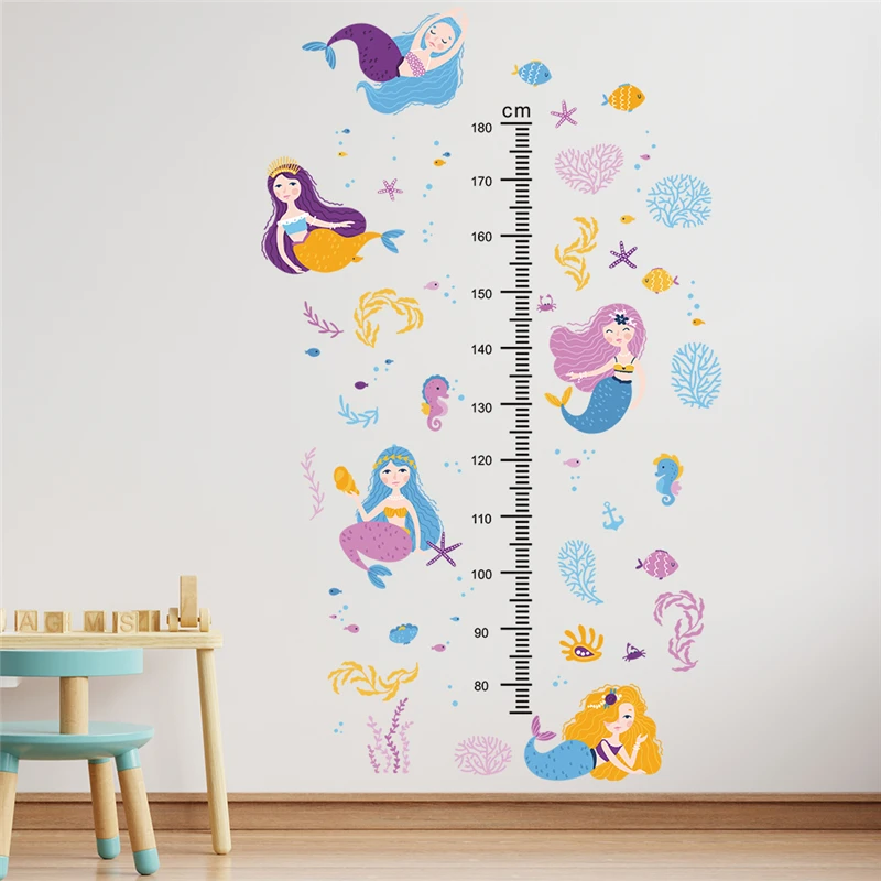 Cartoon Mermaid Swim With Fishes Wall Stickers For Measuring Height Bathroom Decoration Pvc Mural Art Home Decals Kids Poster