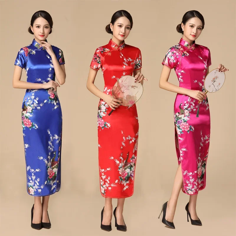 

Sexy Cheongsam Chinese Tradition Style Dress Print Satin Qipao Lady Elegant Dresses Summer New Long Qipaos Plus Size 4Xl5Xl6Xl