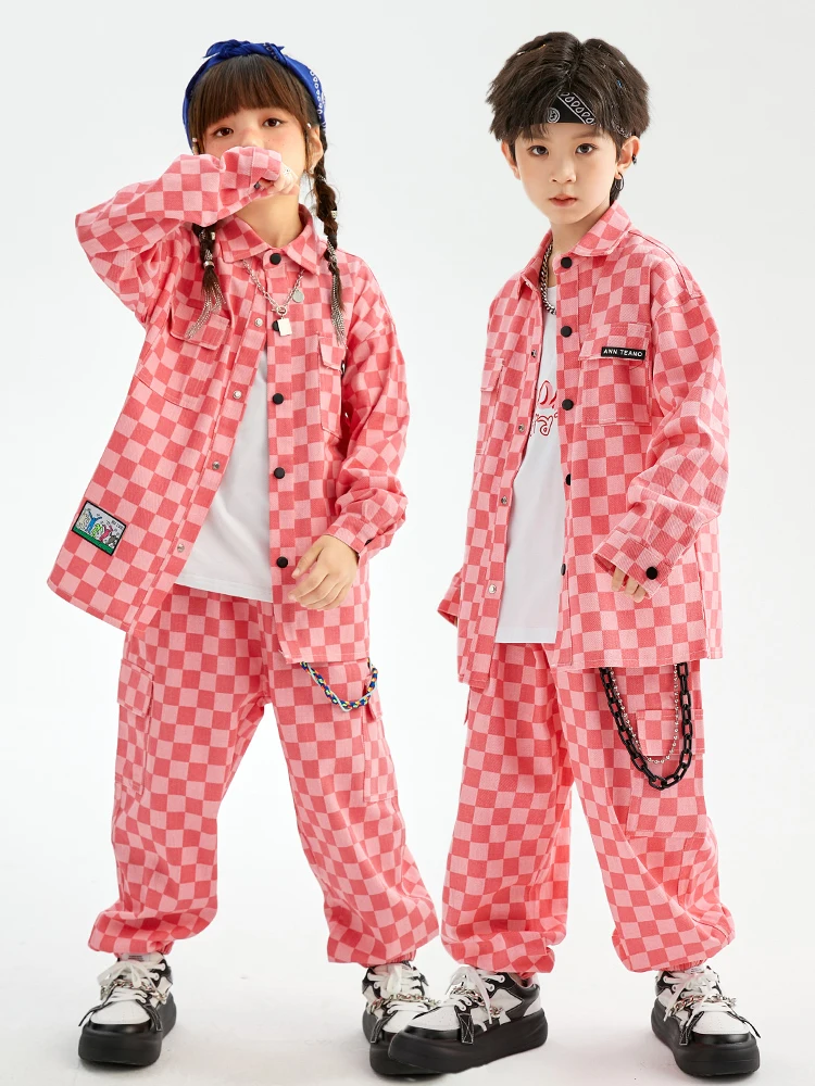 

Hip Hop Dance Costume Kids Pink Checkered Coat Pants Girls Boys Concert Performance Wear Modern Jazz Dance Clothes Suit BL9686