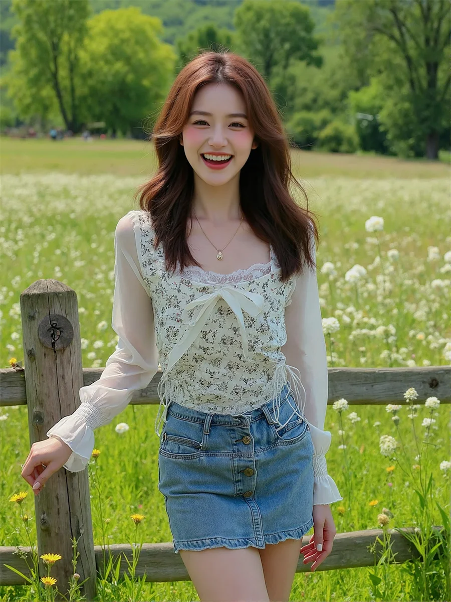 Women'S Summer Blouses Edible Tree Fungus Lace Detail Black Vintage Plus Size Long Sleeve Outerwear Bows Front Feminine Hawaiian