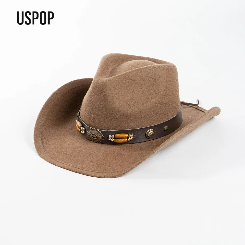 

USPOP 100% Wool Cowboy Hat Felt Fedora Hat with Studs Wooden Beads and Belt Decoration Outdoor Travel Warm Hat