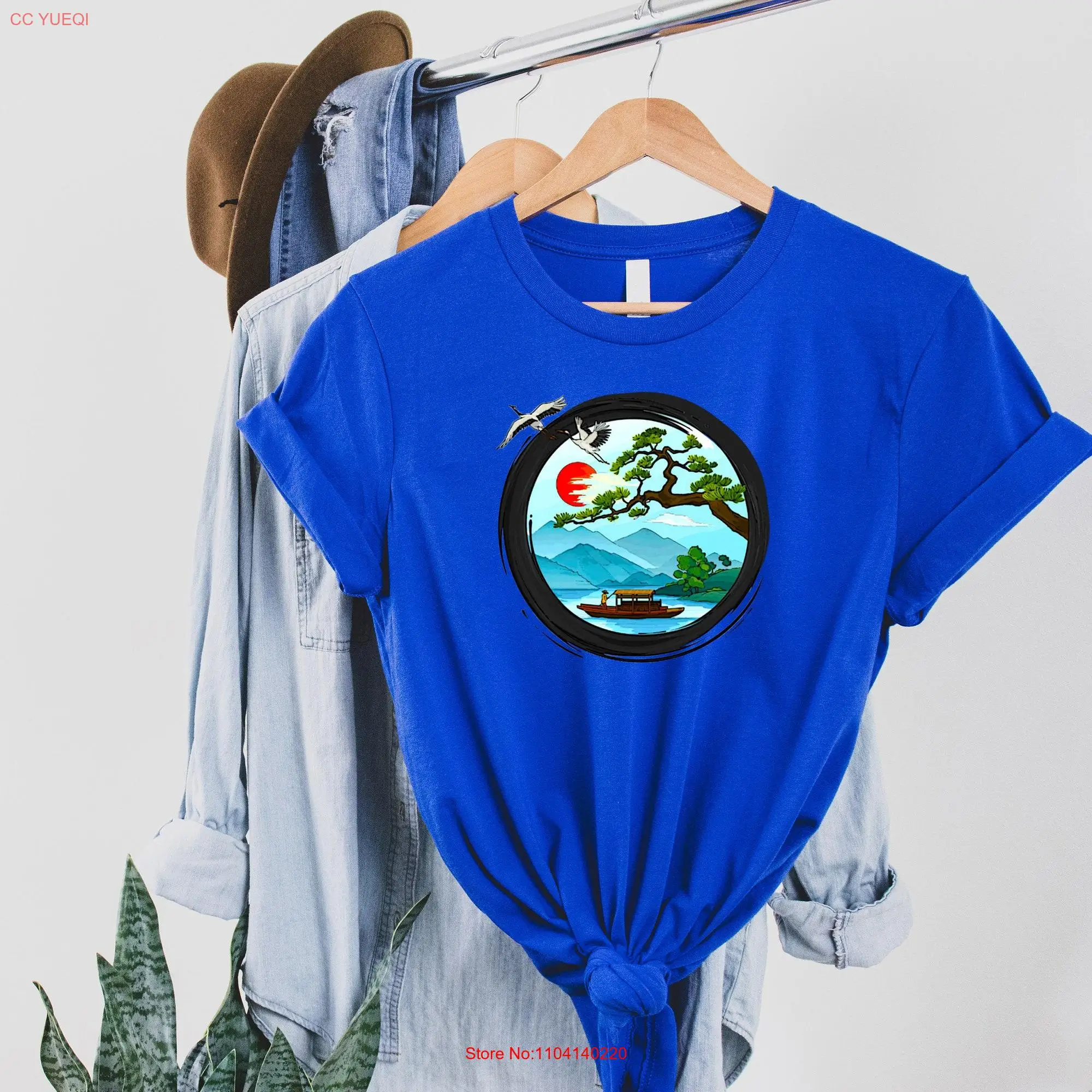 Landscape drawing T Shirt Sea Blue Sky Sun Japanese wherry Fisherman Japan Lover for Women Art Paint SweaT Cloud Storks