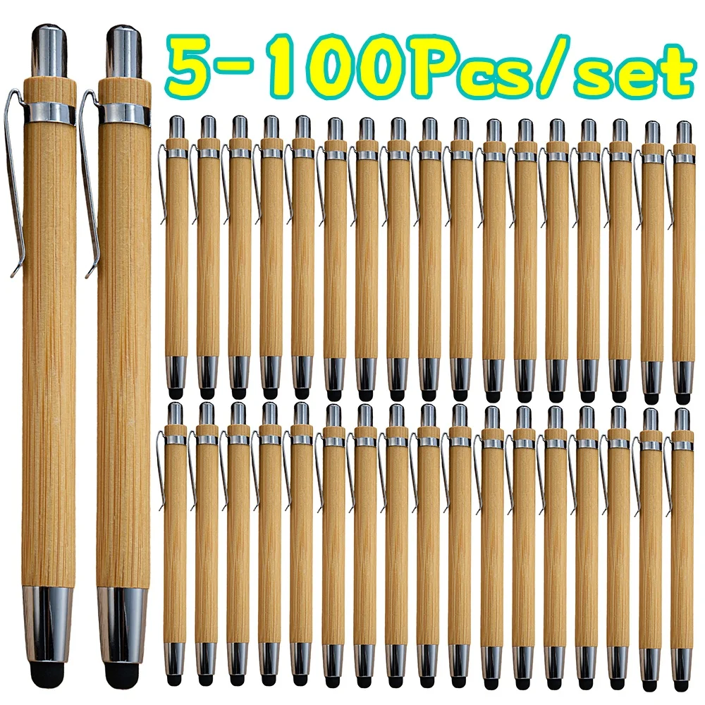 5-100Pcs Bamboo Ballpoint Pens with Stylus - Natural Wood Click Pens for Office, Advertising Gift & Touchscreen Writing