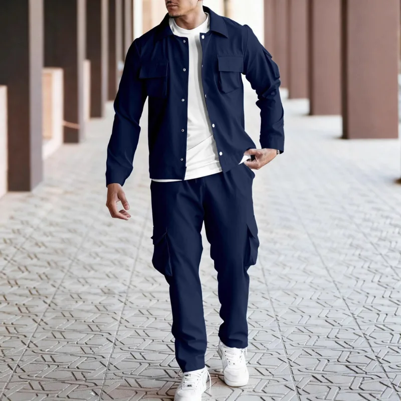 WVGA Spring Autumn New Men Tide Multi-Pocket Trendy Long Sleeve Jacket Niche Chic Asual Straight Pants Two Pieces Set Ins W15576