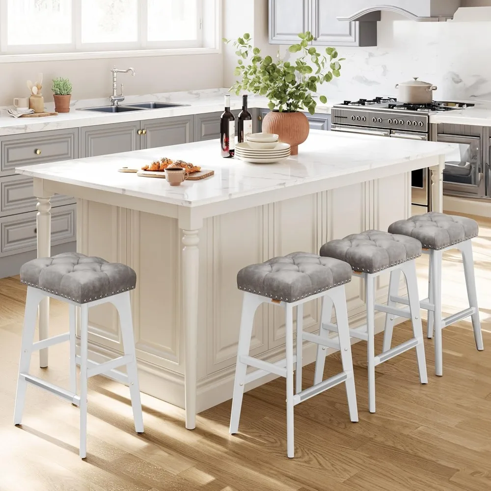 

Bar Stools Set of 4, Counter Height Saddle Bar Stools, 26-Inch Backless Kitchen Stools with Wood Legs, PU Leather Thickened Uph