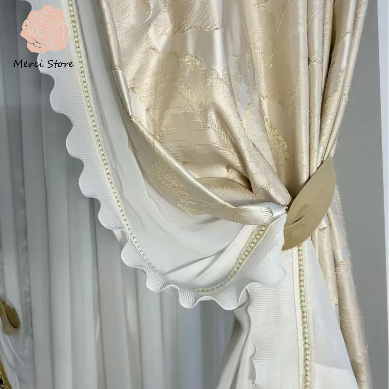 

Curtains for Living Room Bedroom Luxury Gold Wire High Precision Leaf Jacquard Beige Blackout Drapes Elegant Home Decor Custom