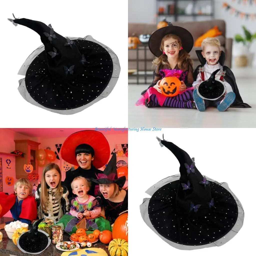 E56A Crinkle Foldable Witch Hat 3D Butterfly Embellishment Adjustable Head Size 43cm
