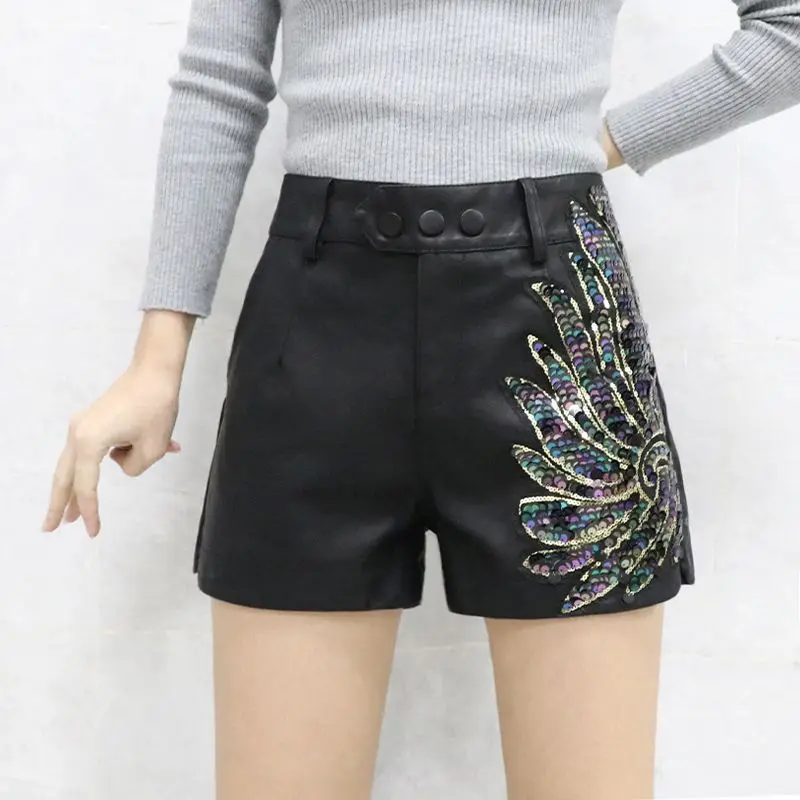 Women's Fashion Solid Color Sequins Glittery Shorts Sparkly Sexy Mid Waist Elastic Straight Leg Shorts for Party Club LX548