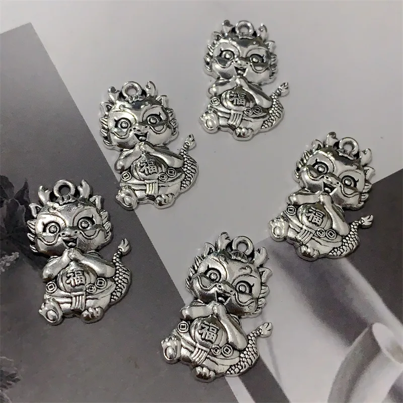 10pcs/Lot Chinese Zodiac Signs Cartoon Silver Color Dragon Fu DIY Alloy Charms for Earring Necklace Jewelry Making Handmade Pend