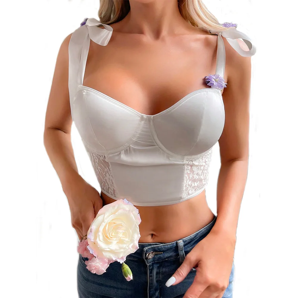 

Women Sexy Shoulder Strap Overbust Corset Breast Cushion Lace Satin Slim Fit Gathering French Bra Gauze Body Shaper Corset Top