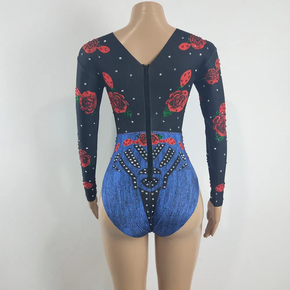 Petal Printing Rhinestones Dance Leotard Elastic Tight Bodysuit Women Singer Dancer Sexy Stage Wear Bar Performance Costume