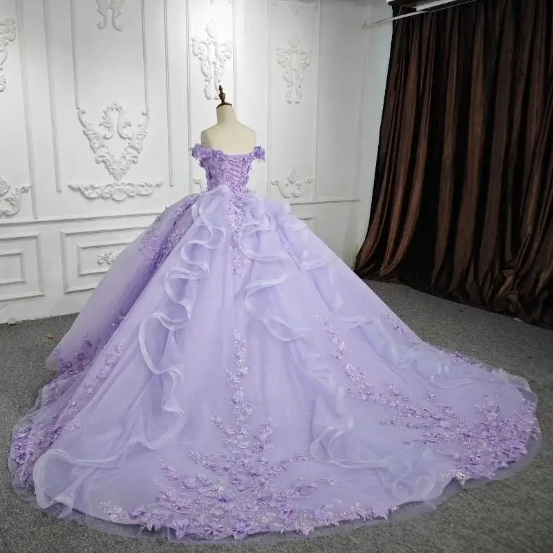 الخزامى قبالة الكتف الكرة ثوب فساتين Quinceanera ثلاثية الأبعاد زهرة زين الحلو 16 15 فستان عيد ميلاد Vestido De 15 Anos مسابقة