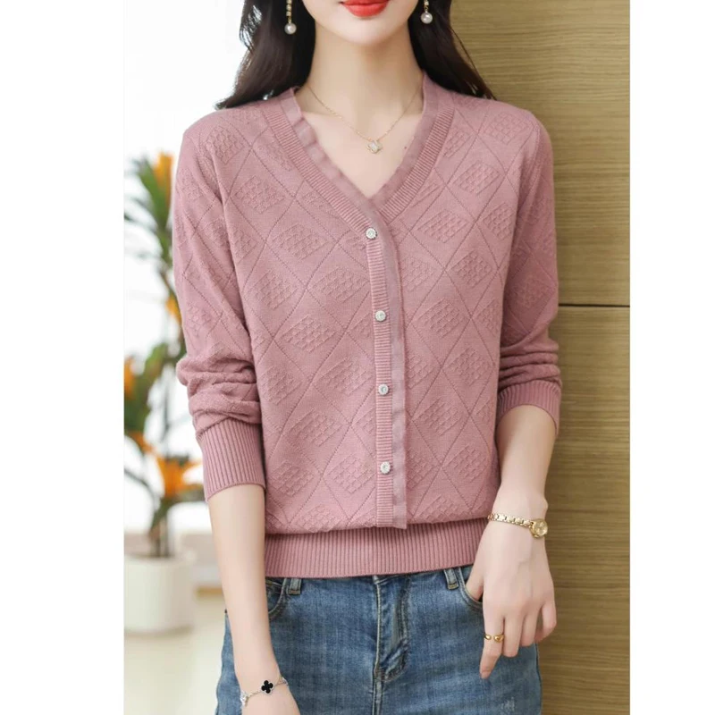 Women Korean Fashion Ruffled Mesh Patchwork Elegant Basic Knitwears Casual V Neck Solid Long Sleeve Loose Pullover Tops Jumpers