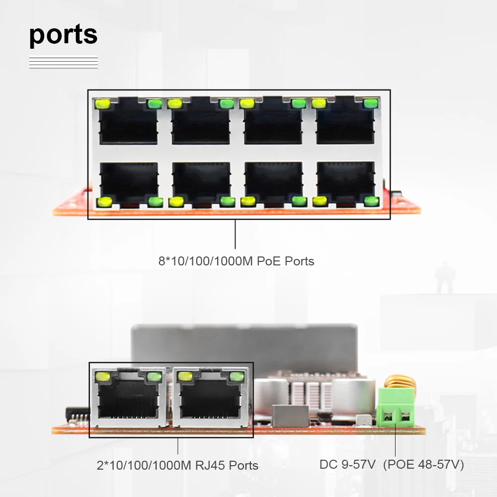 10 Port Gigabit Embedded Switch PCBA Board 8‑Port PoE+ 2-Port RJ45 Ethernet Switch Module for IP Camera Surveillance OEM Project