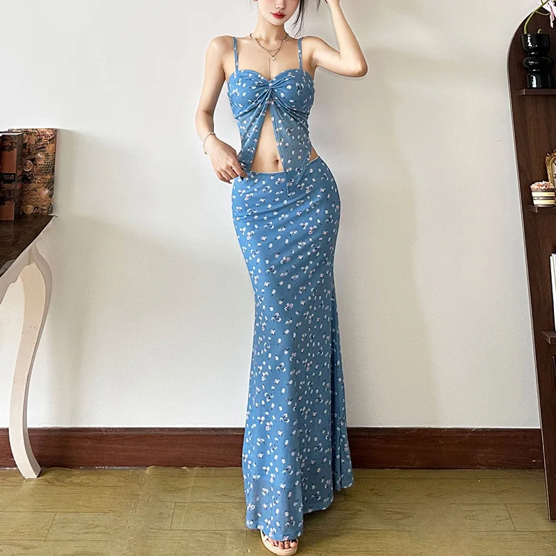 

Sweet Cross-Border Sle Spring 2025 Women's Faion Floral Print Long Skirt Knitted Thin Fabric Trendy Vest Dr