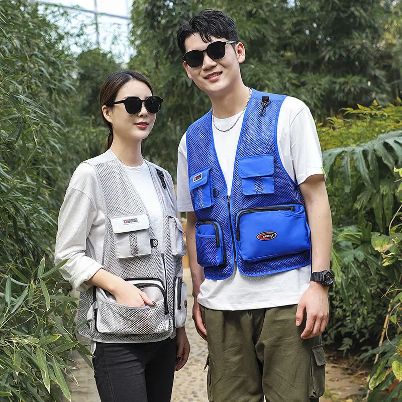 Mesh Summer Vest Men's Outdoor Multi-Pocket Vest Casual Breathable Fishing Photography Horse Clip Kan Shoulder Print Embroidery