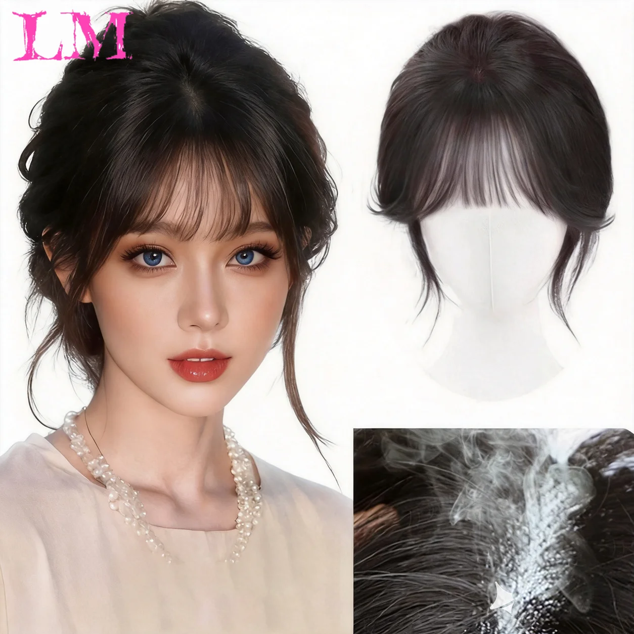 LM Human Hair Forehead HairPieces Clips in Bangs with Temple Lace Base Fringe Bangs Lace Hair Frontal Curtain Topper Hair