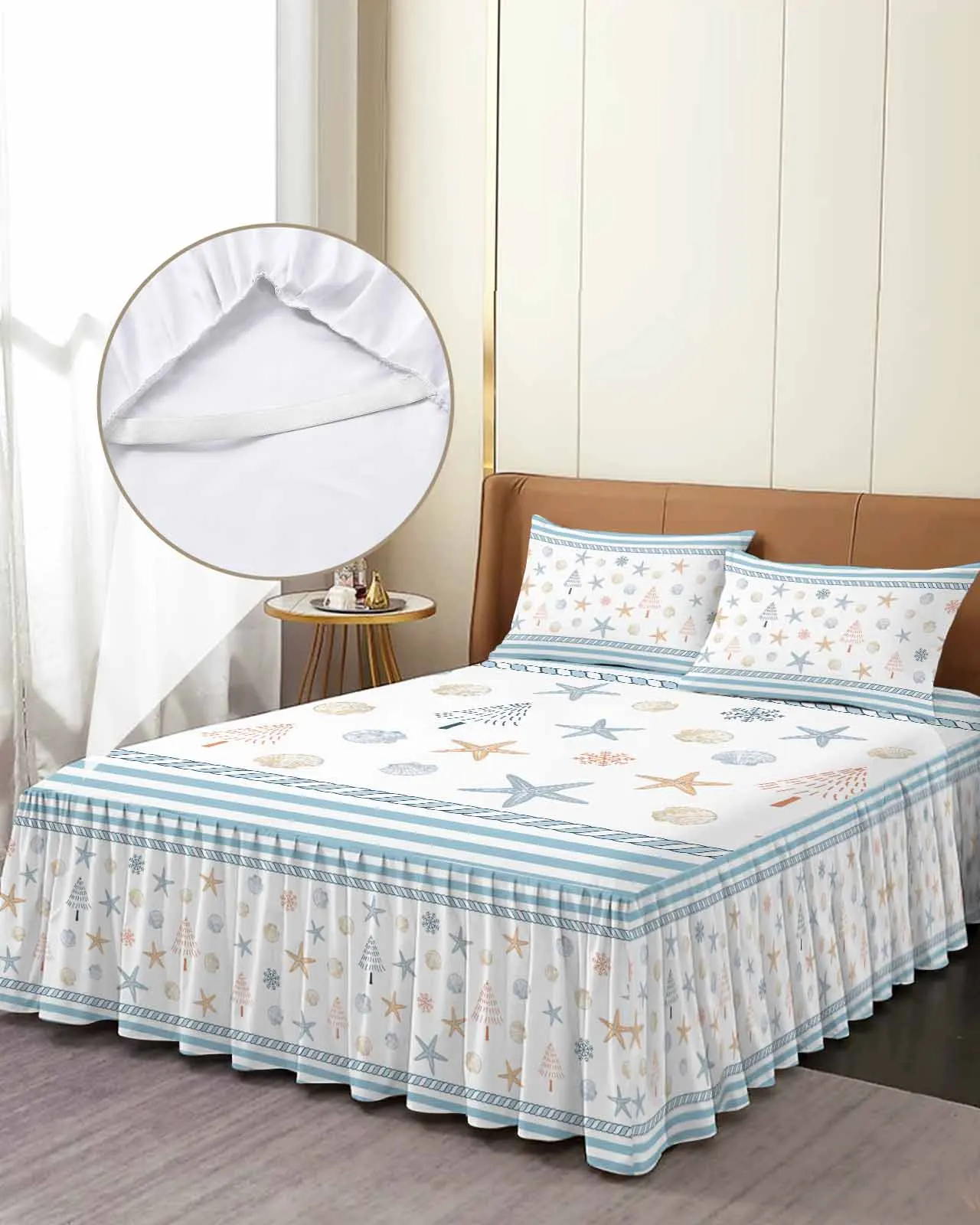 

Starfish Snowflakes Christmas Skirt Elastic Fitted Bedspread With Pillowcases Mattress Cover Bedding Set Bed Sheet