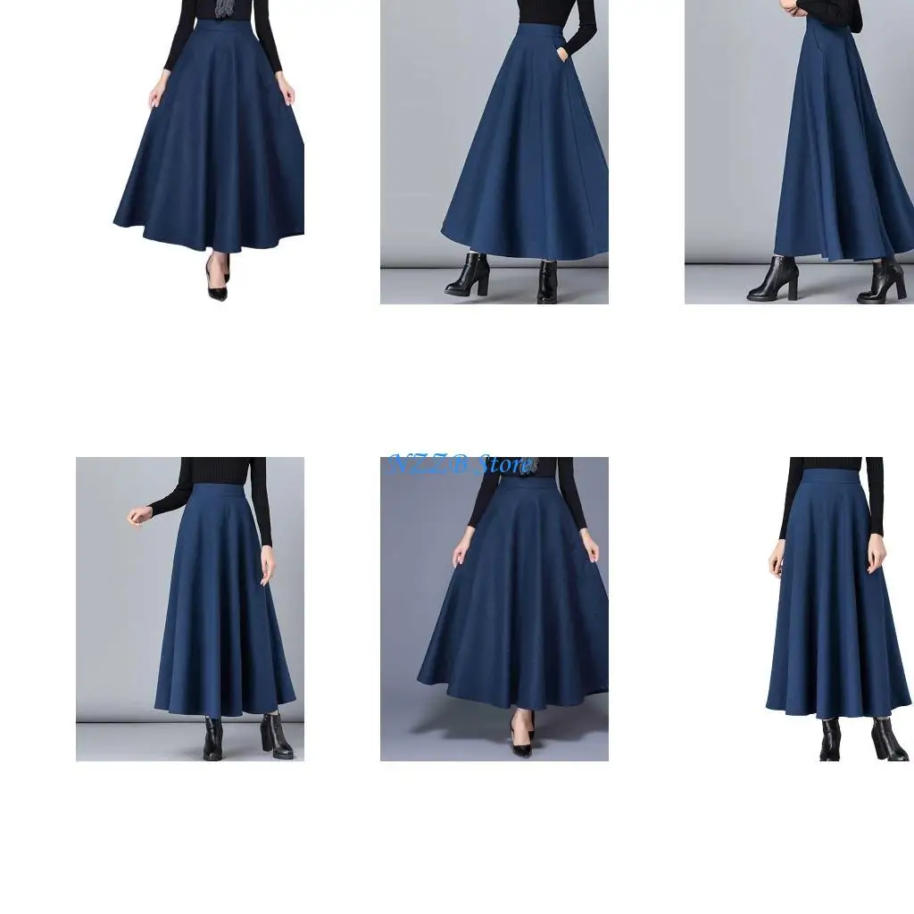 

T21F Women's Skirt Warm Elastic Waist Wool A-Line Pleated Color Winter Long Skirts