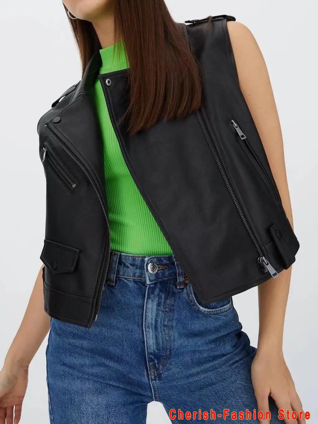 

Black Leather Vests Autumn Winter Zipper Motorcycle Biker Pu Leather Jackets Ladies All Match PU Leather Waistcoat Sleeveless