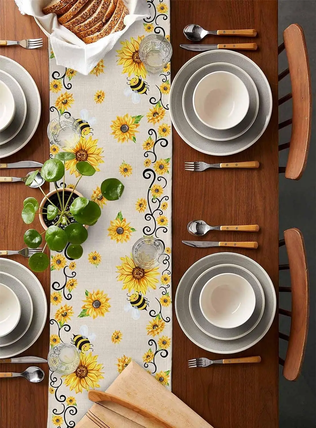 Summer Yellow Sunflowers Bee Linen Table Runners Farmhouse Style Dresser Scarf Table Decor Wedding Party Home Dining Table Decor