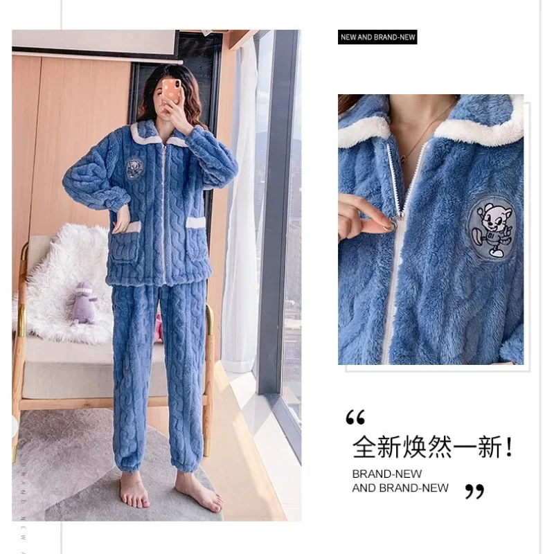 5XL Plus Size Winter Warm Velvet Sleepwear Women Pajamas Set Zipper Jacket Long Sleeve Pants Flannel Two-piece Suits Loungewear