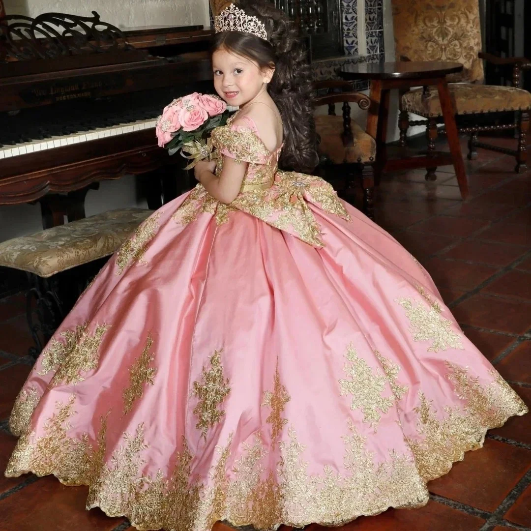 Luxury Pink Flower Girl Dresses for  Appliques Floor Lenght Kids Wedding Satin Birthday Party Dress First Communion Gown Custom