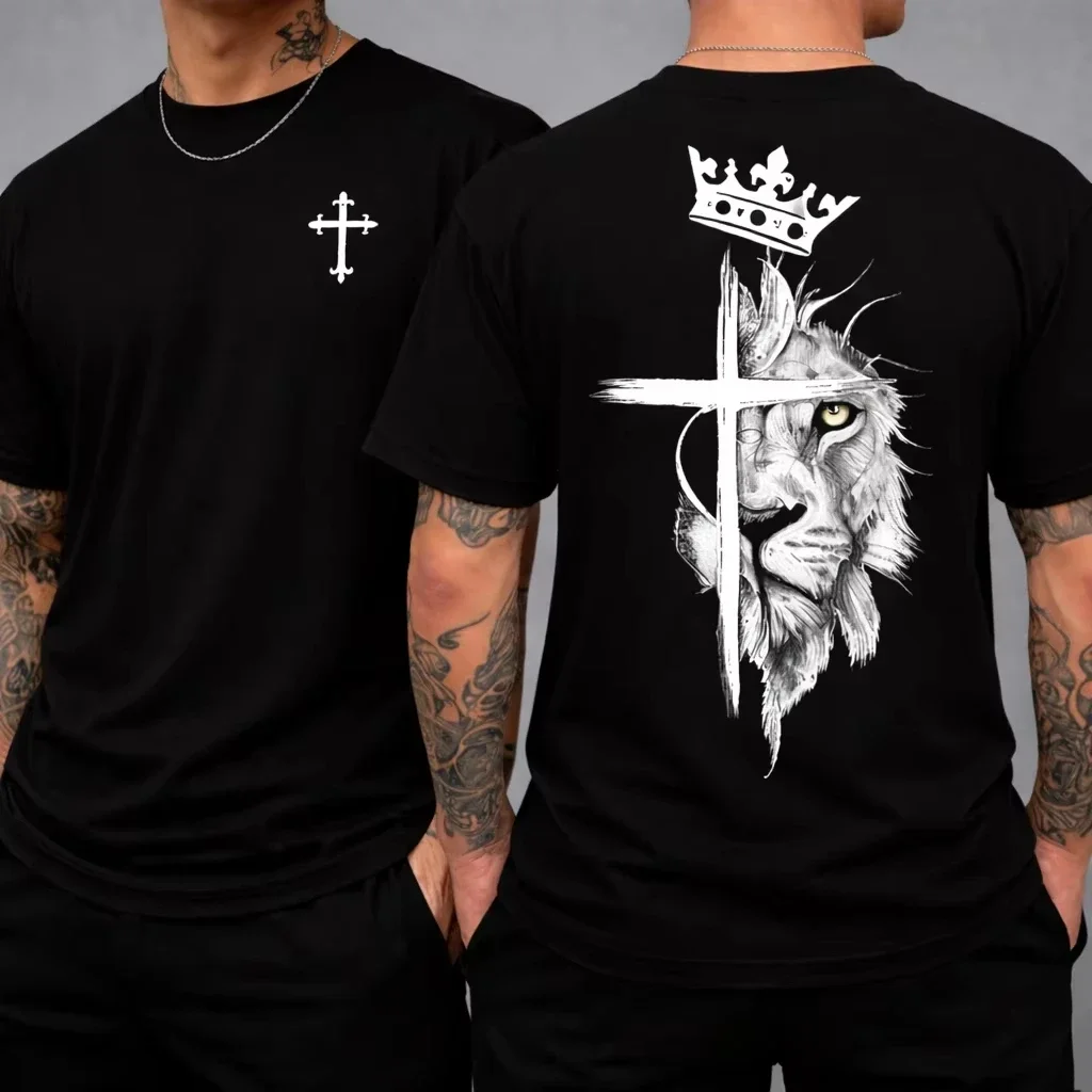 Fashion Men Lion Crown Cross Graphic T‑Shirt 3D Print Christian Faith Pattern Short Sleeve O‑Neck Casual Streetwear Tops