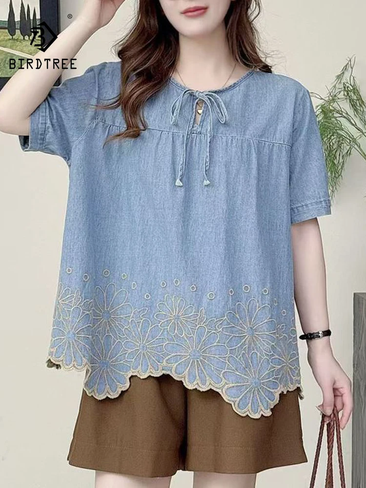 

Новая летняя джинсовая рубашка с коротким рукавом 2026 года, женская, с вышивкой и шнуровкой, в стиле Mori Girl, модный дизайн, повседневная свободная блузка T64321CC