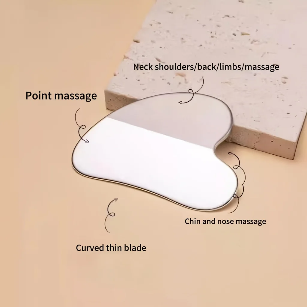 Strumento per il viso Gua Sha sottile in acciaio inossidabile Massaggio di serraggio beige chiaro Strumento per la rimozione dei punti neri del viso e del naso di bellezza