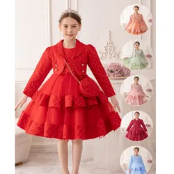 ELBCOS 4-14Y Girls Crew Neck Long Sleeves Color Grid Lapel Coat Flower Beading Button Skirt Costumes Three-Piece Dress Suit