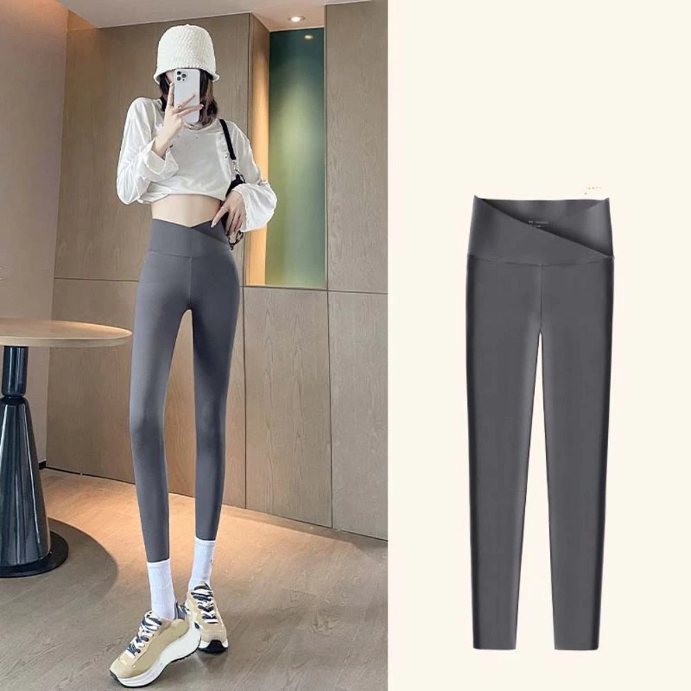 

Cross Waist Design Women Leggings Thin Solid Color High Waist Leggings Abdominal Tightening Trousers Jogging Capri Pants Girl