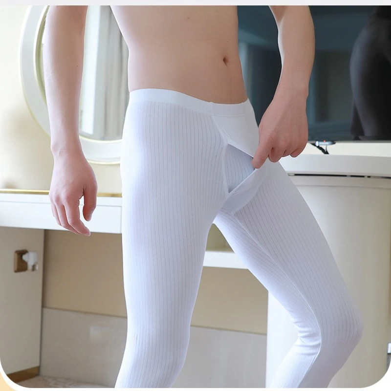 

Men's Thin Cotton Striped Thermal Underwear Bottoms Stretch Open Fly Pouch Leggings Comfortable Youth Winter Warm Long Johns