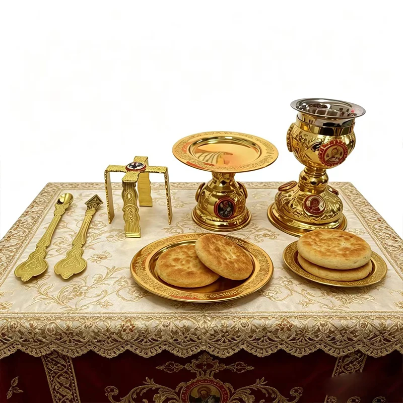 Complete Orthodox Altar Set Gold Metal Chalice Diskos Liturgical Spoons and Holy Icon for Church Altar Christian Religious Gift