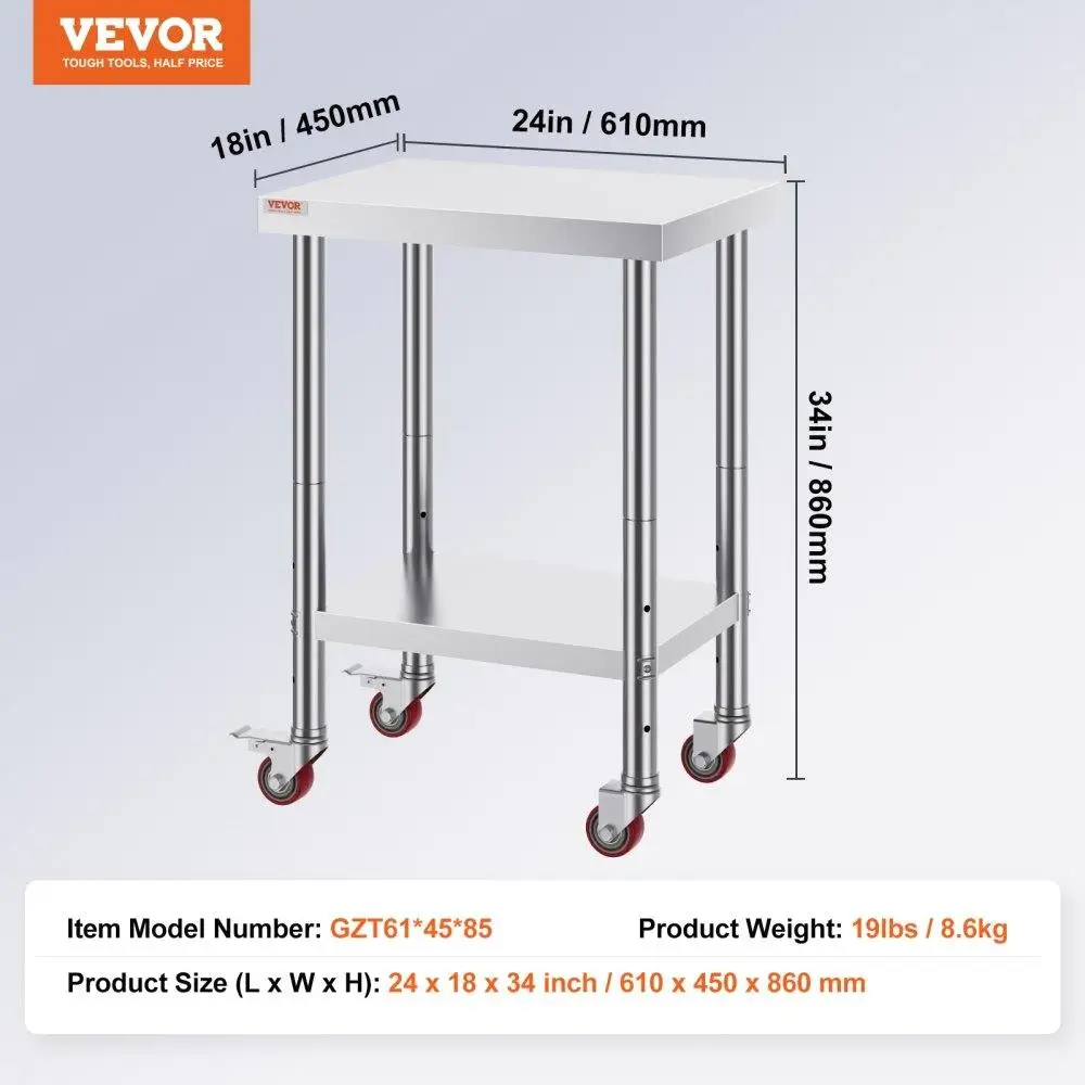 24x18x34 Inch Stainless Steel Work Table 3 Stage Adjustable Shelf 4 Wheels Heavy Duty Commercial  Prep Worktable with Brake