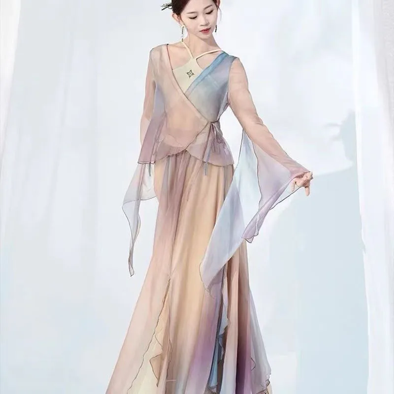 Elegante gradiente saia de balé feminino chiffon flowy longo dancewear 360-720 graus traje de dança clássica desempenho maxi saia