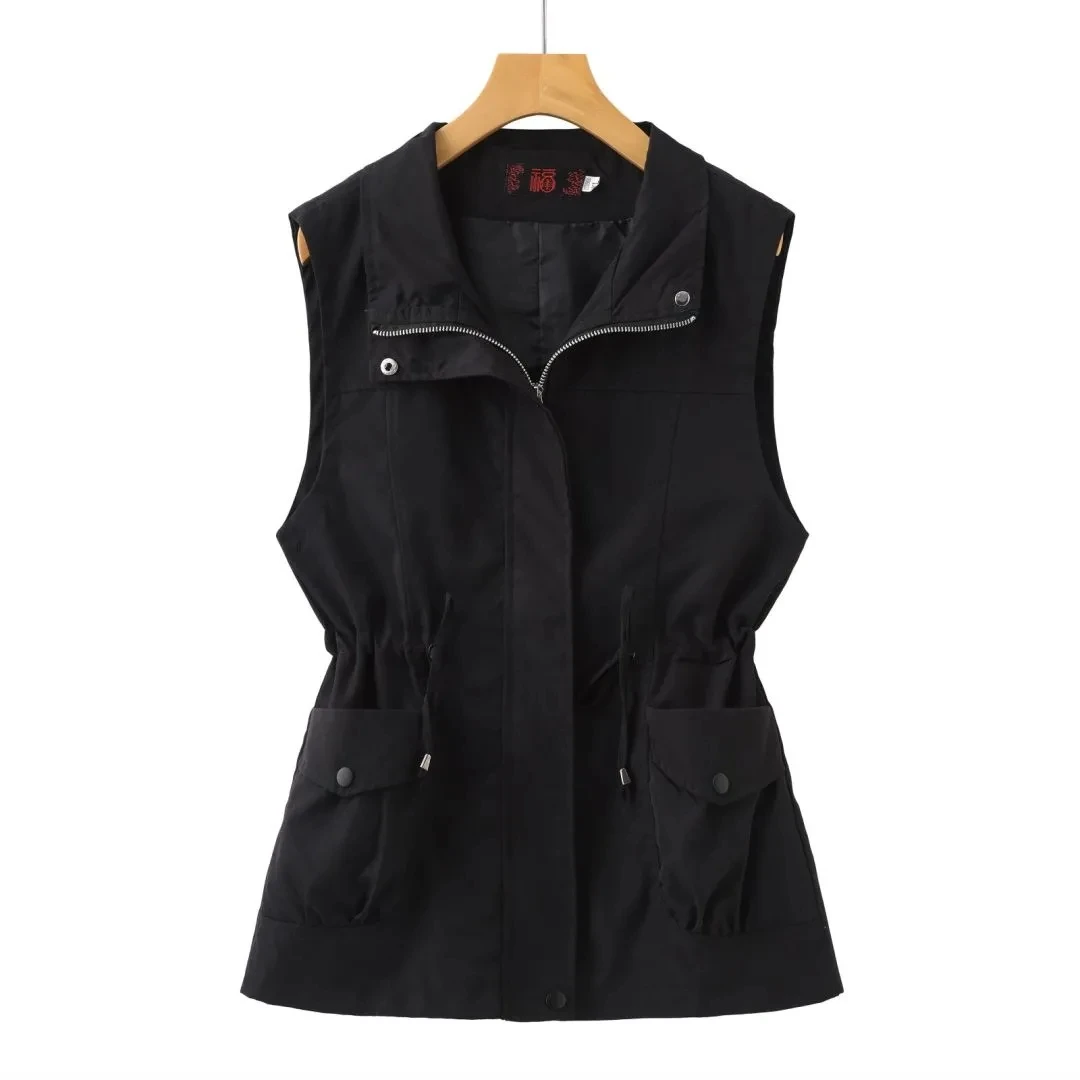 Fashionable Double Layer Lined Vest Women's Loose Casual Waist-Cinching Jacket Outerwear Polyester Fiber Regular Length