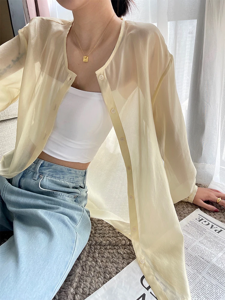 Camisas de Cuello Redondo para Mujer, Primavera, Nueva Colección, Alta Calidad, Rayón, Manga Larga, Ajuste Holgado, Versátiles, Casuales, para Oficina