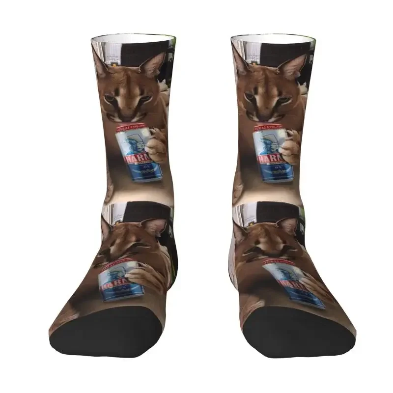 Funny Floppa Drinking Mens Crew Socks Unisex Novelty 3D Printed Caracal Cat Dress Socks