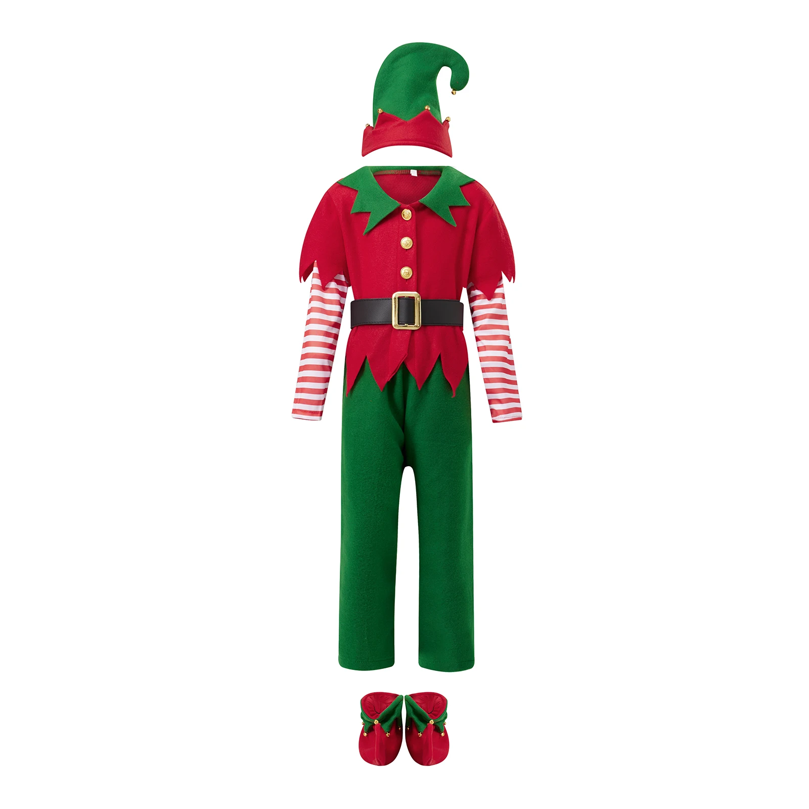 

Boys Festive Christmas Elf Outfit with Long Sleeve Top Pants Hat Belt and Socks for Cosplay Party Fun and Cheerful Holiday