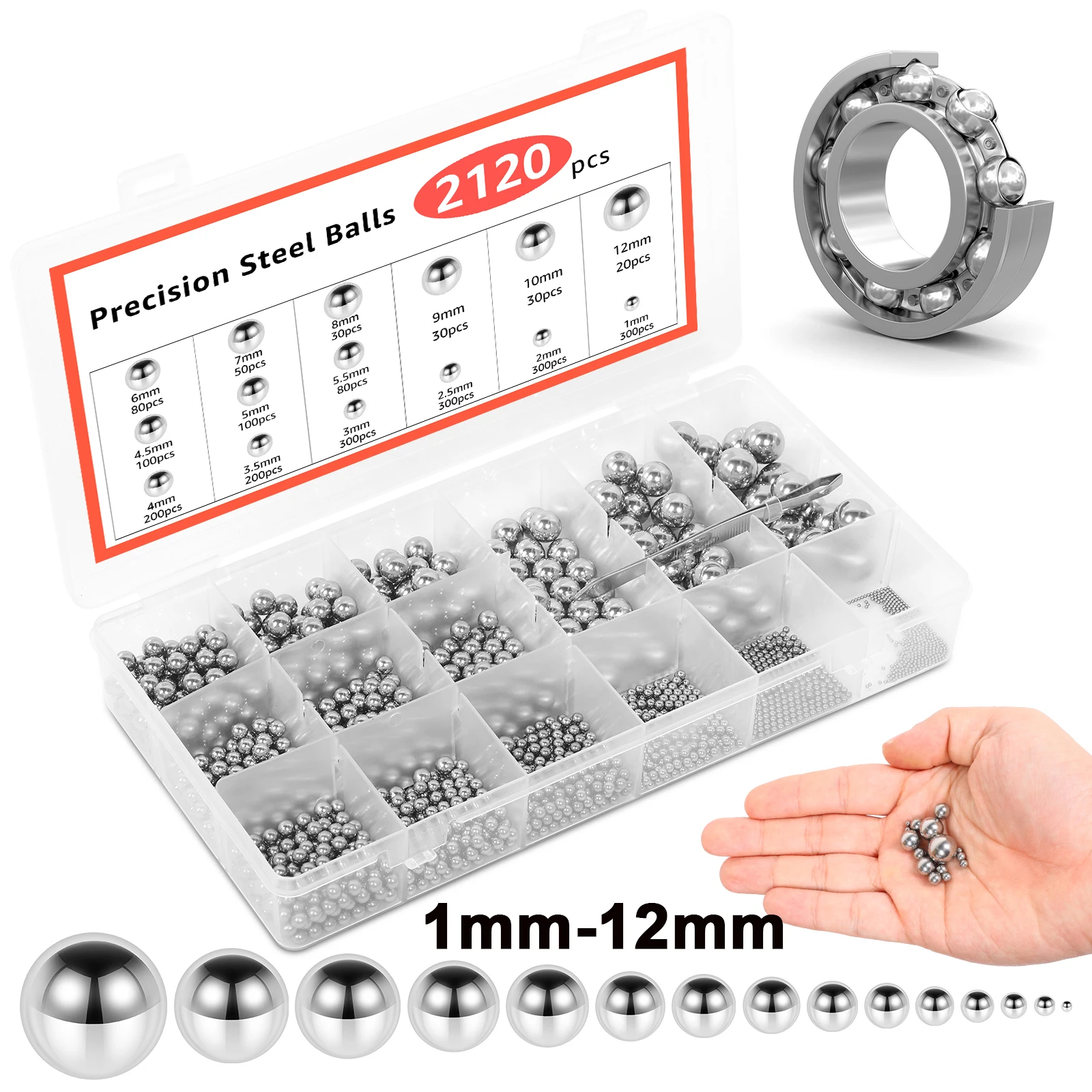 

Набор прецизионных стальных шариков из нержавеющей стали, 2120 шт., 15 размеров, для велосипедных подшипников, ассортимент, 1 мм, 2 мм, 2,5 мм, 3 мм, 3,5 мм