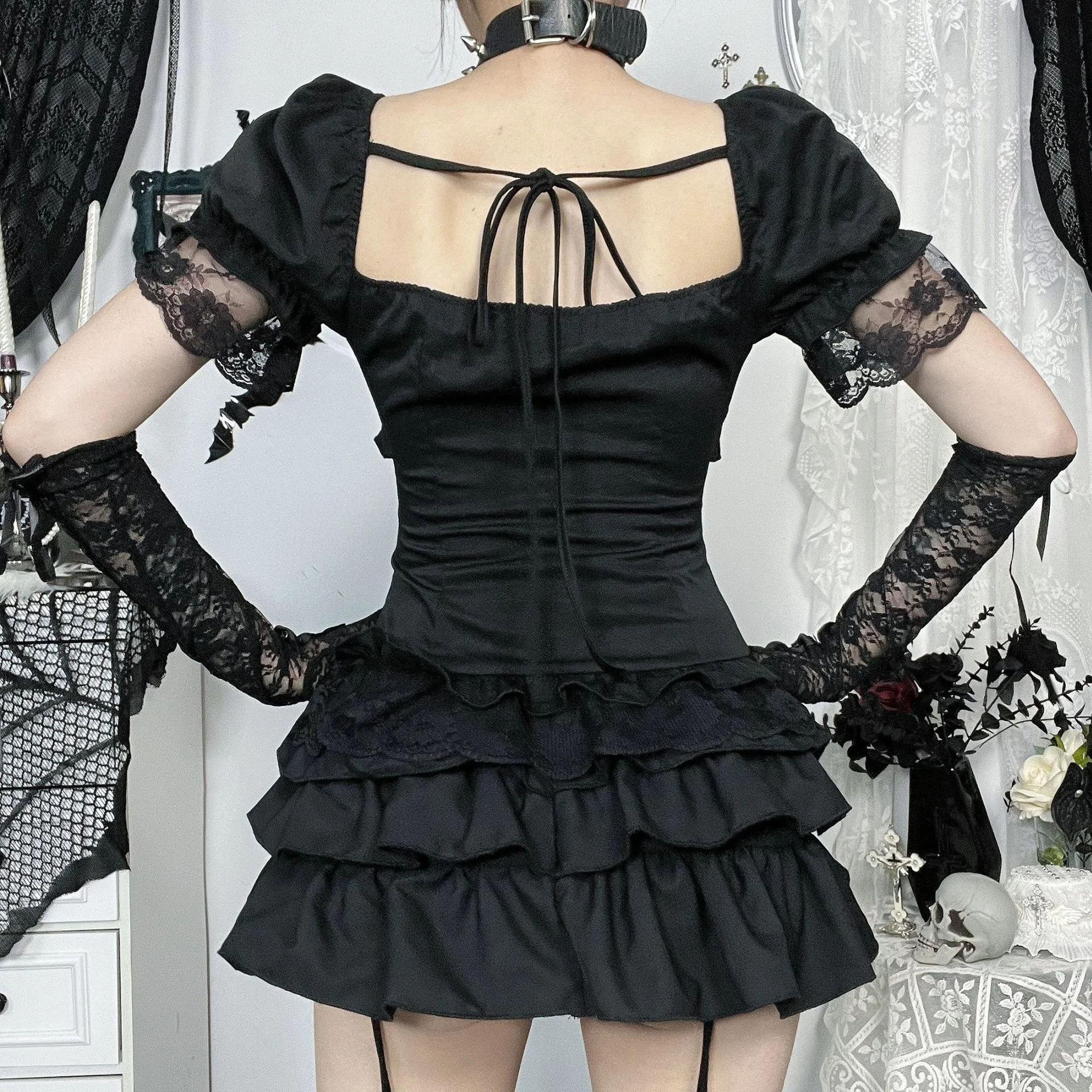 Goth Dark E-สาวลูกไม้ Patchwork เสื้อยืดแขนสั้น Kawaii Bow BANDAGE Tops Mall Gothic Techwear ผู้หญิง Slim Alt เสื้อยืด