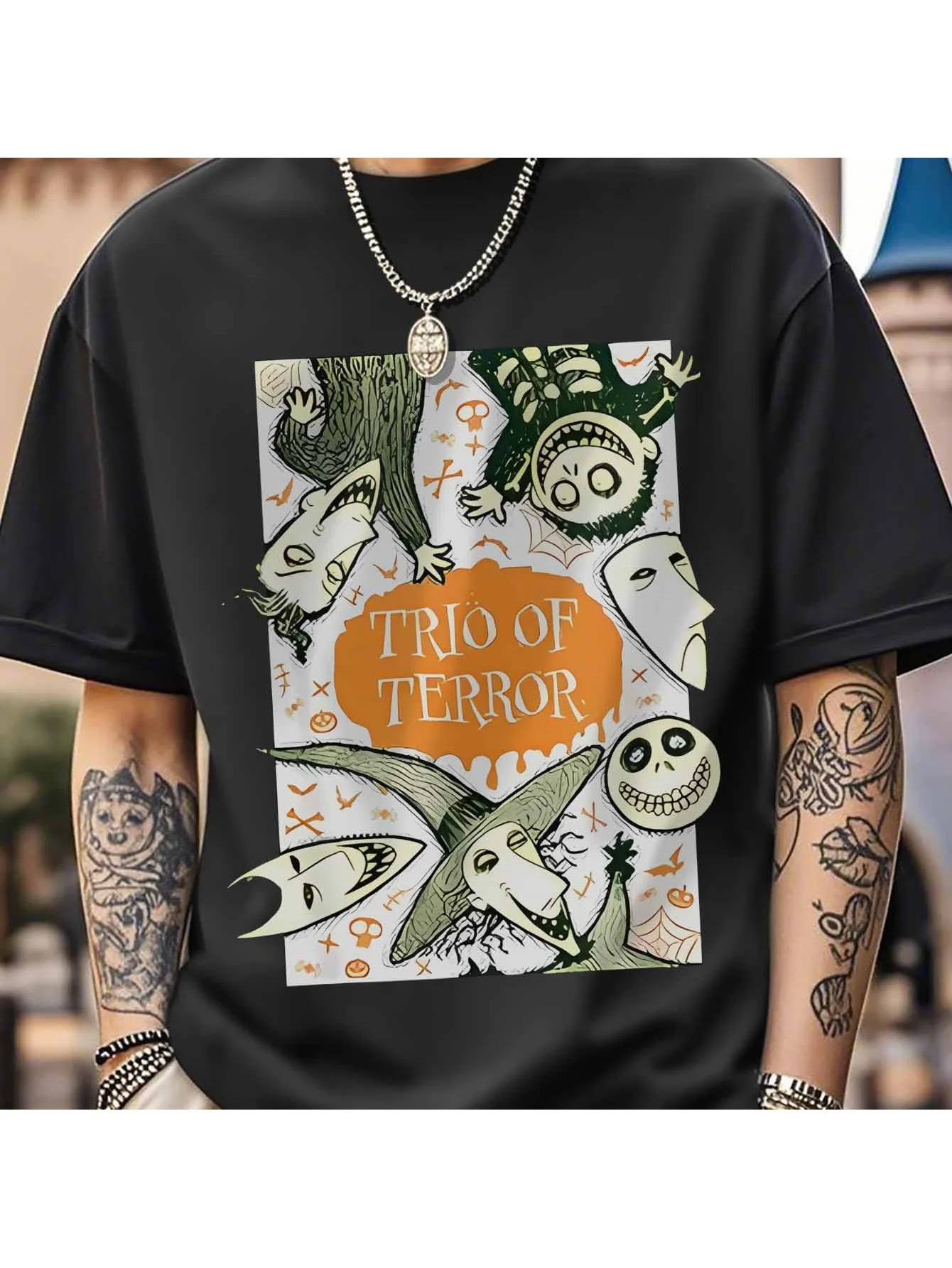 

Terror Trio Disney Men's and Women's T-shirts with short sleeves featuring horror character prints for sports and leisure