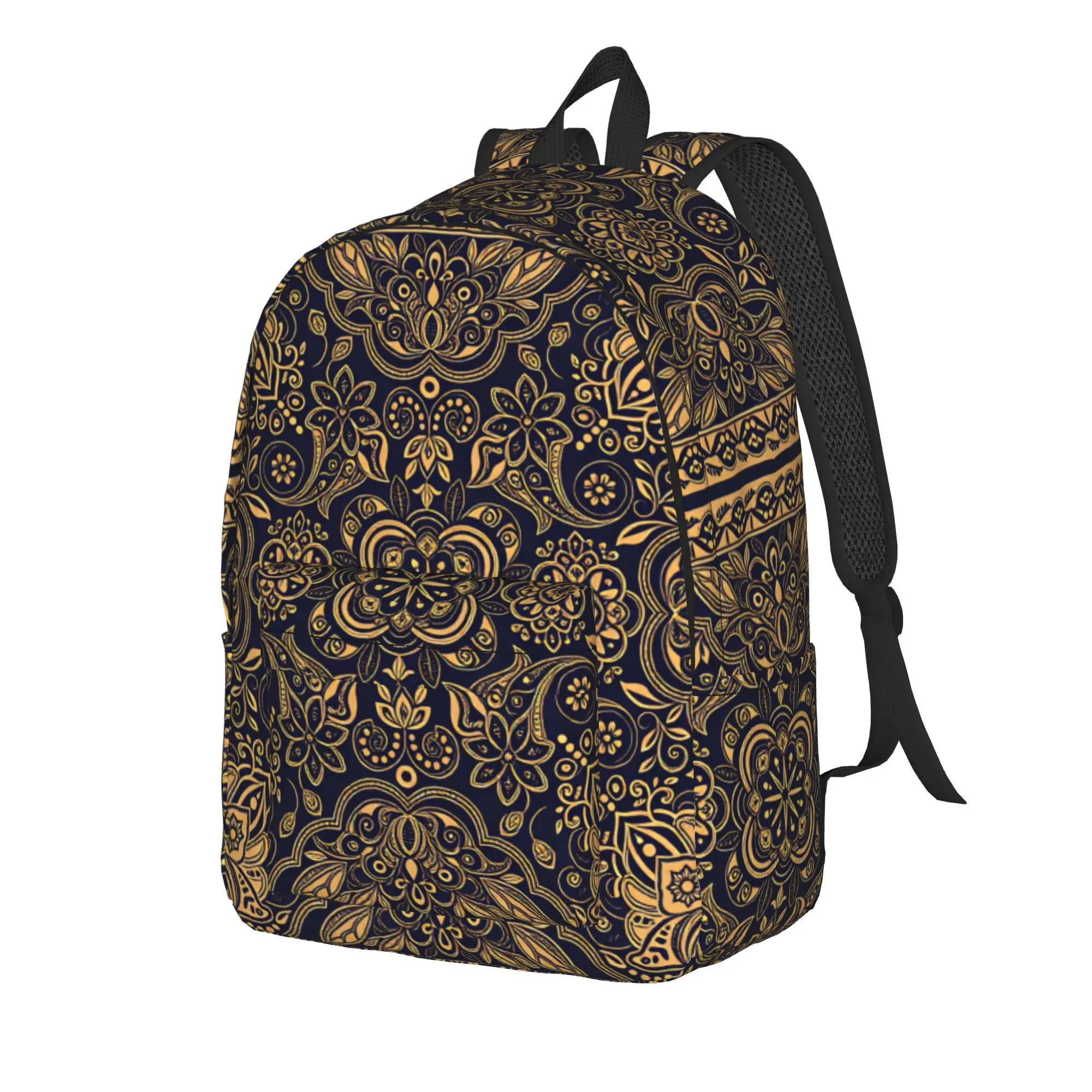 Navy Gold Vintage Floral Mandala Backpack  Trekking Backpacks Women Men Kawaii School Bags Design Big Rucksack