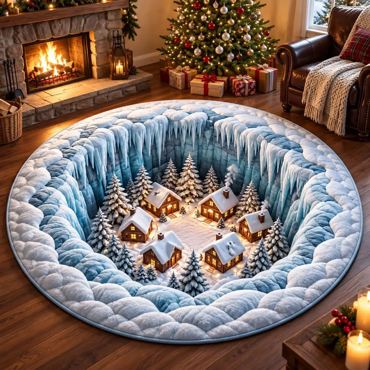 Christmas rug Winter Snow Village Bedroom Area Rug Icicle Cave Circle Rug Festive Cozy Living Room Entryway Non Slip Floor Mat