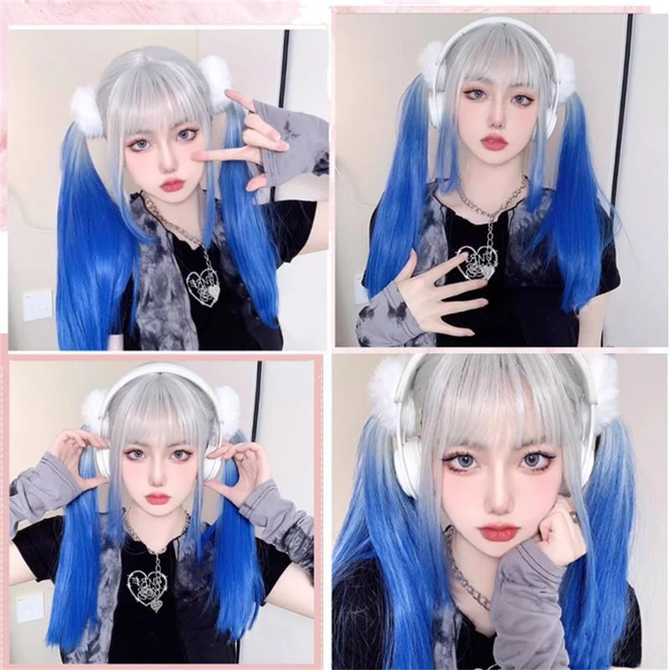 ブルーとホワイトのハイライトロングストレート合成ウィッグ前髪付きコスプレヘアウィッグ女性用デイリーナチュラル耐熱性